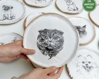 Hand Painted Cat Portrait Ceramic Dish, Custom Pet Keepsake Tray, Rustic Clay Jewelry Holder