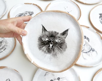 Plato de cerámica para gatos, Plato de retrato de gato, Plato personalizado de 8 en, Regalo para amantes de mascotas, Plato para mascotas de animales, Plato decorativo, día de las madres