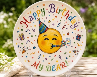 Personalized Hand-Painted Ceramic Birthday Plate, Custom Emoji Keepsake Dish