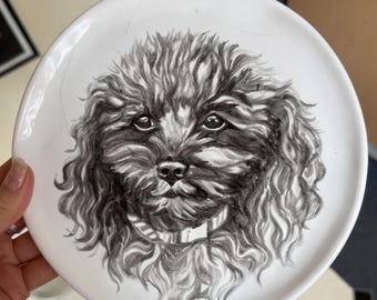 Custom Fluffy Dog Portrait Plate, Hand Painted Pet Ceramic Art, Personalized Dog Gift, Portrait from Photo, Pet Mom Keepsake, Memorial Gift