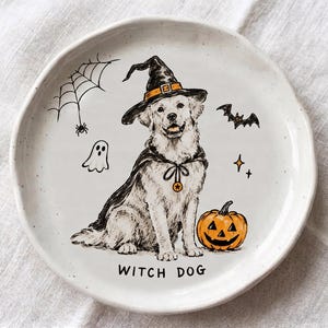 Personalized Halloween Pet Plate, Custom Dog Portrait Plate, Witch Dog Ceramic Dish, Spooky Pet Lover Gift, Halloween Home Decor