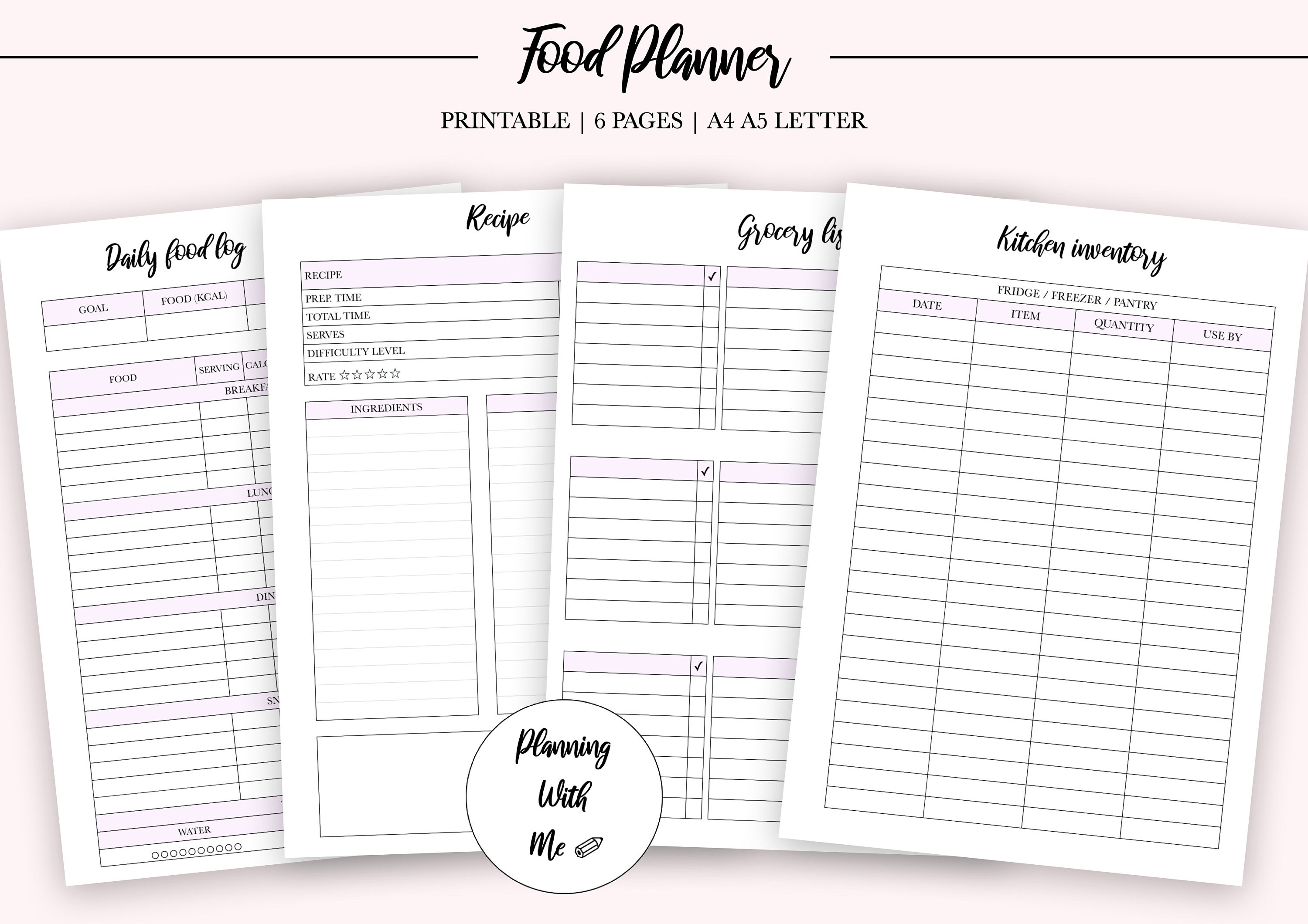 printable food planner weekly meal planner grocery list recipe etsy