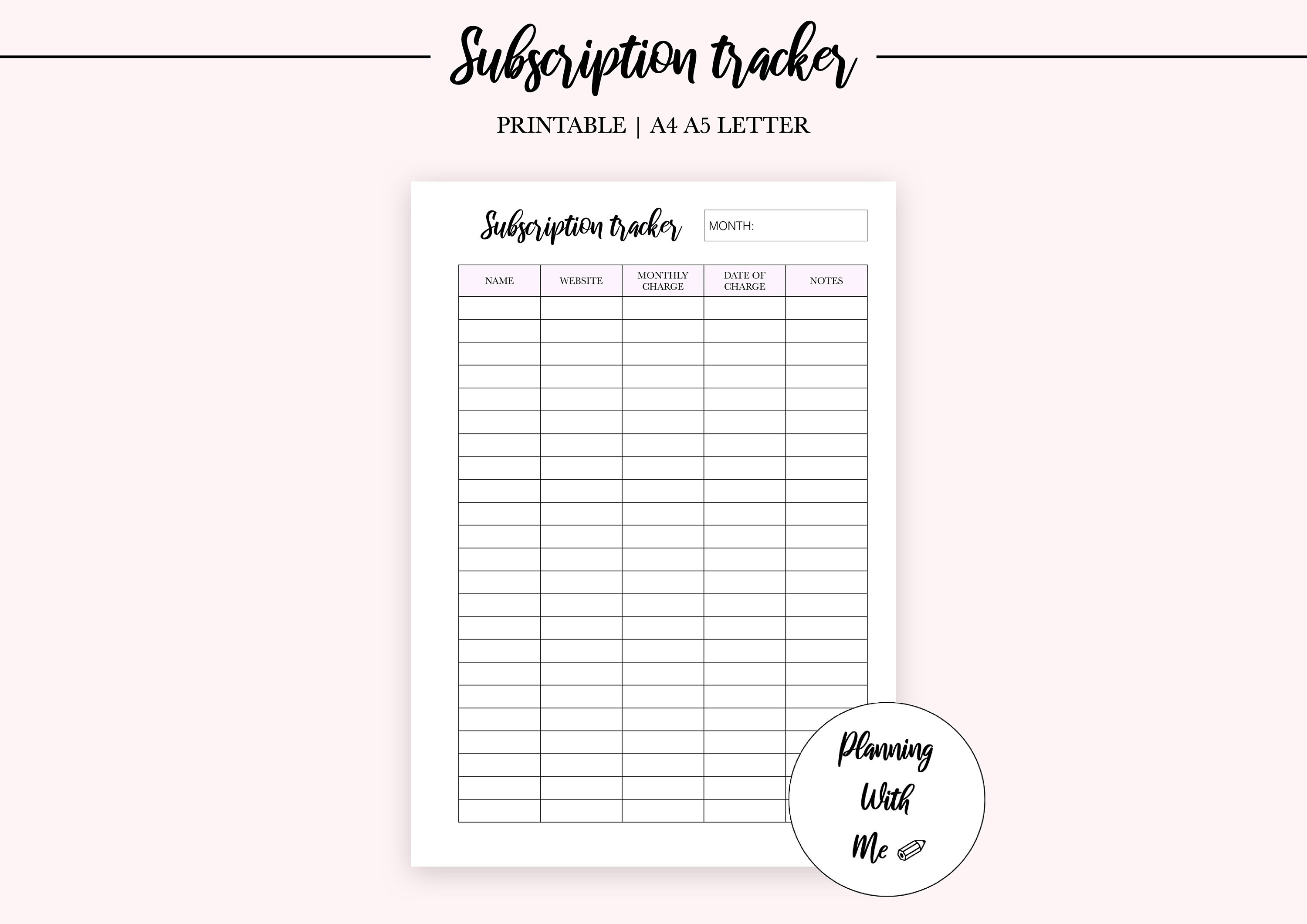 PRINTABLE Subscription Tracker Log Membership Tracker Monthly Etsy