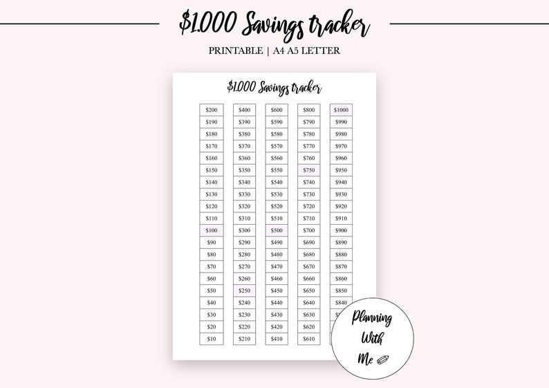 PRINTABLE 1000 Dollars Savings Tracker Savings Log Instant Download 1k Emergency Fund Chart Finances Money PDF A4 A5 LETTER