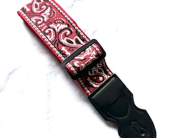 Red Paisley Guitar Strap with Leather Ends (Includes Pick)
