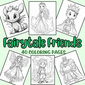 Fairytale Friends coloring book, 40 printable coloring pages, digital printable coloring images