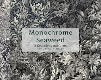 Seaweed, monochrome, hand-drawn, woodcut style, seamless pattern, high-resolution digital image, Instant download