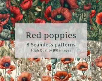 Red poppies, watercolor illustration, seamless pattern, high-resolution digital image, Instant download
