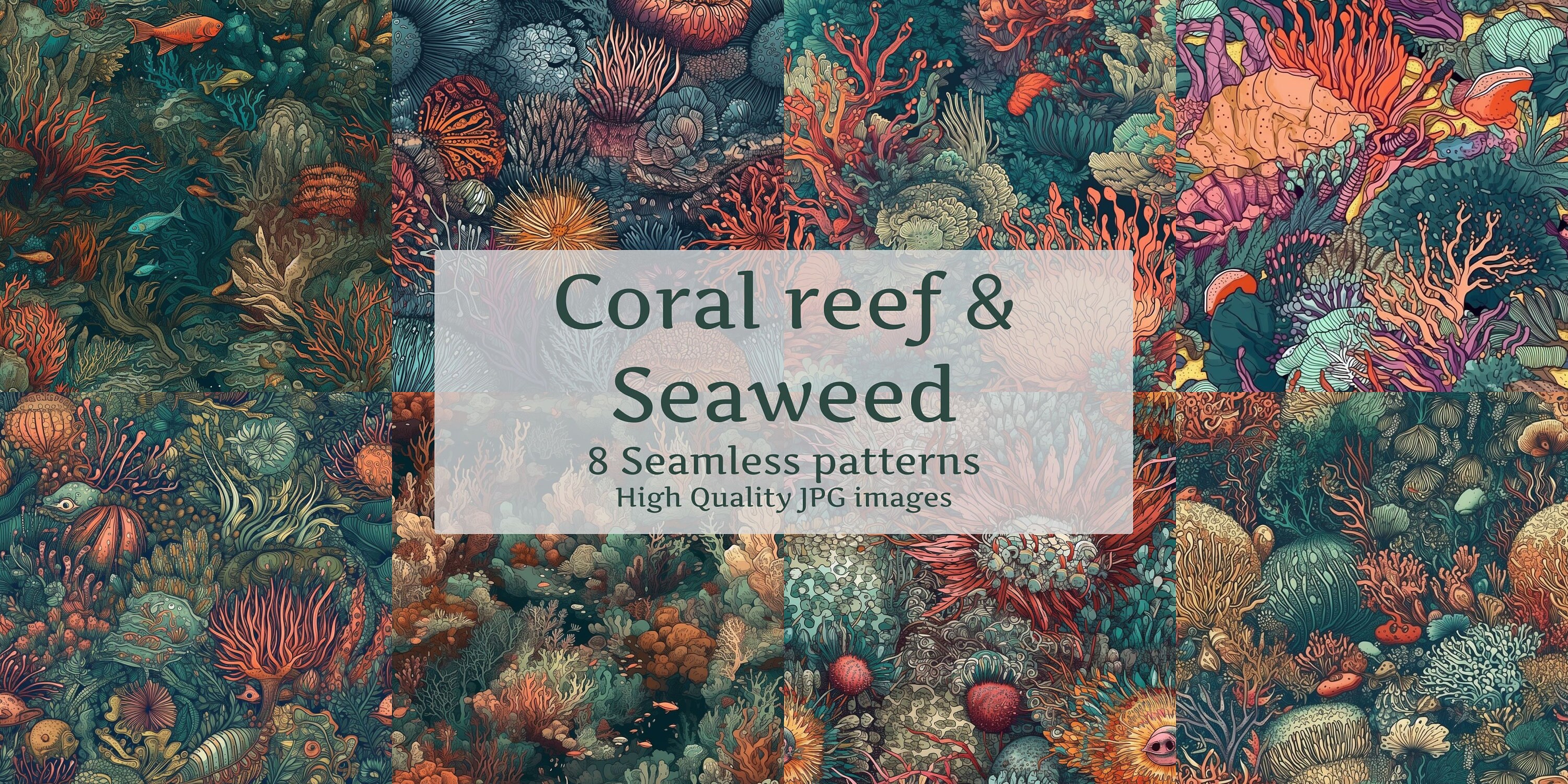 Seaweed, coral reef, hand-drawn, seamless pattern, high-resolution digital image, Instant download