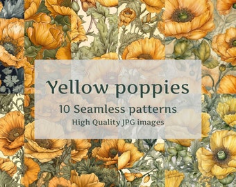 Yellow poppies, watercolor, seamless pattern, high-resolution digital image, Instant download