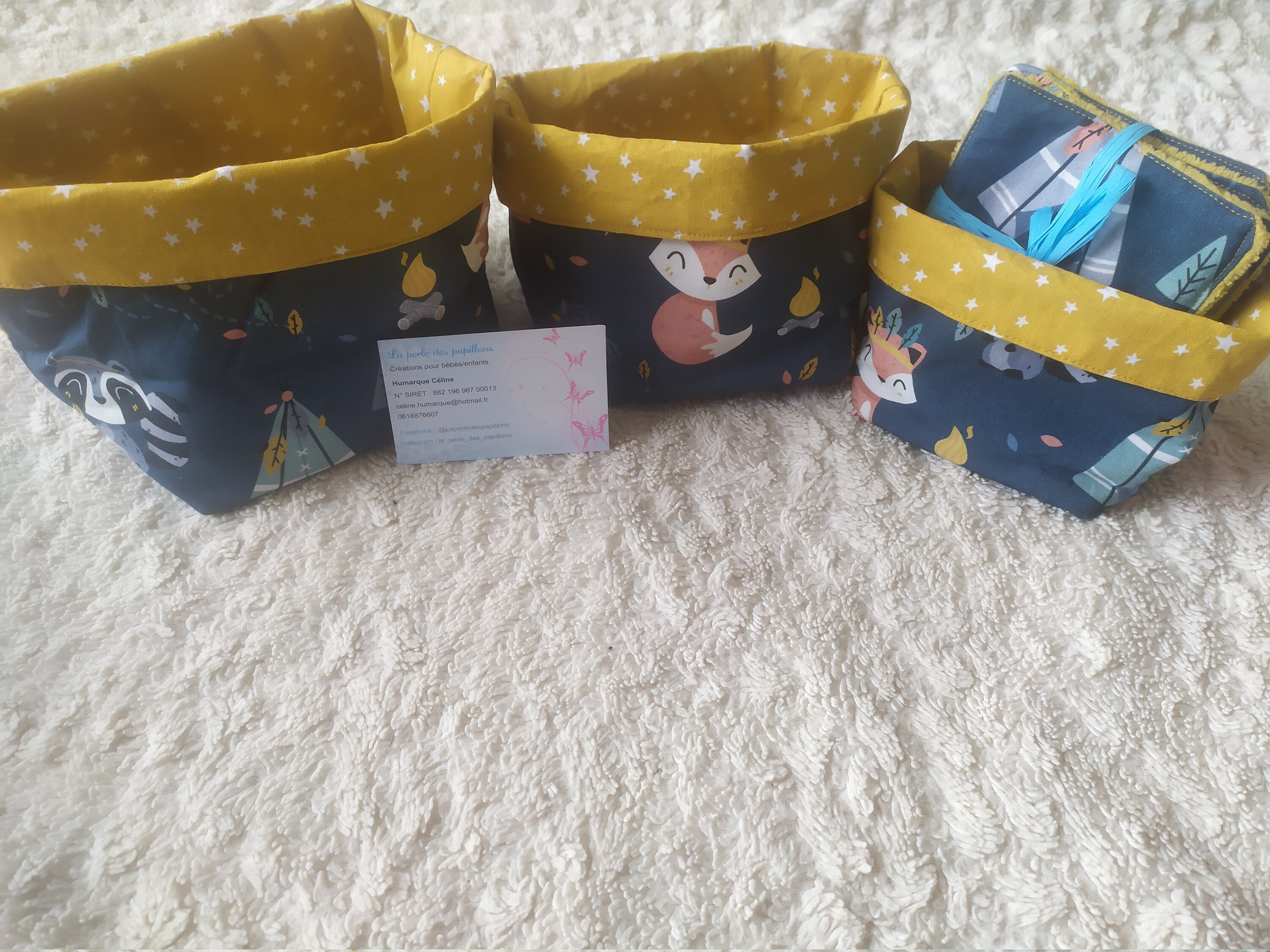 Paniers en Tissus Boho Animaux Fond Bleu Réversibles et Lingettes Éponges de Bambou