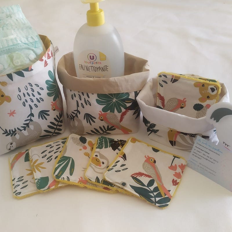 Paniers en Tissus Jungle Blanc Réversibles et Lingettes Éponge de Bambou