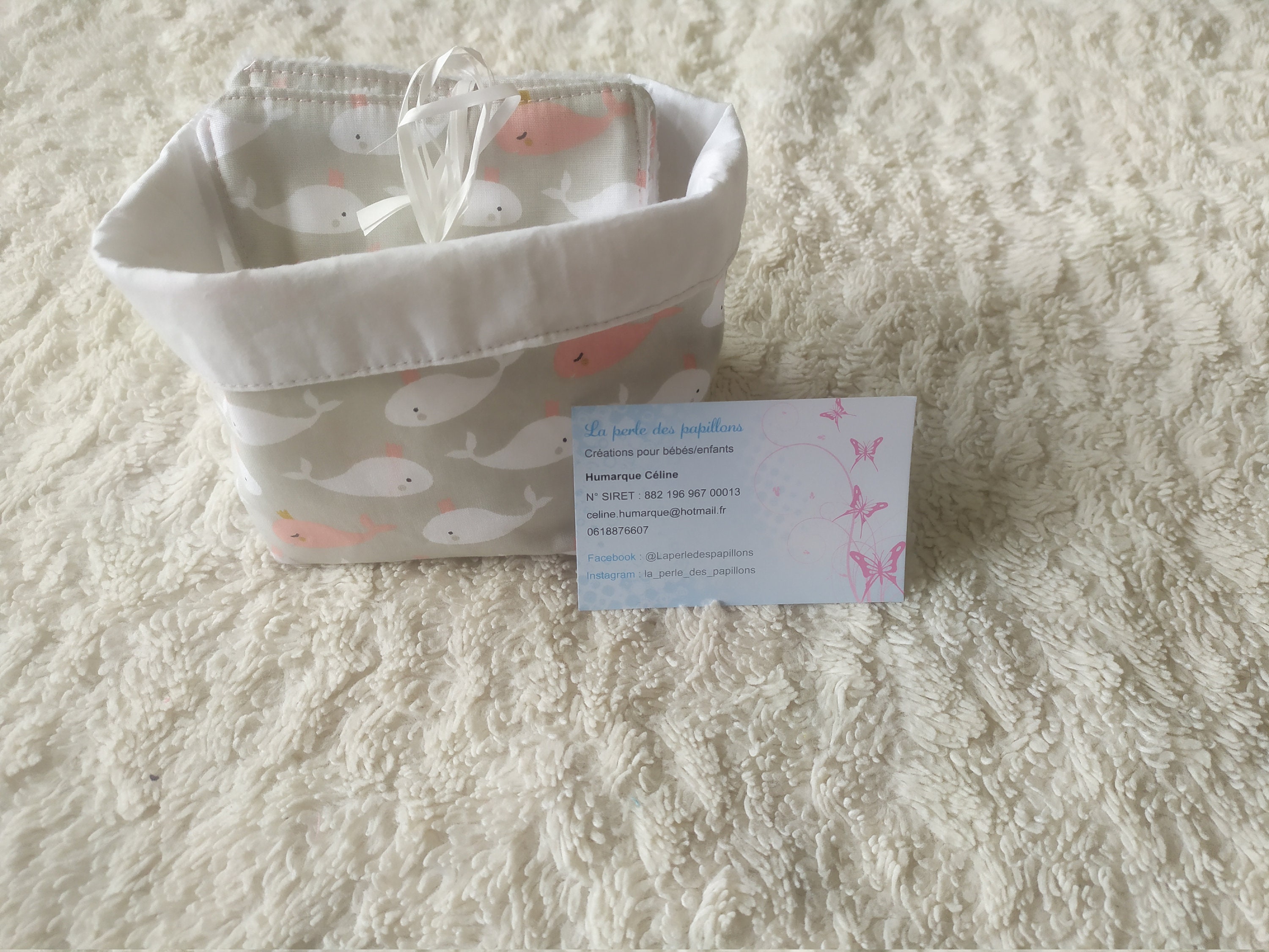 Corbeille en Tissus Petite Baleines Réversible et Lingettes Éponge de Bambou