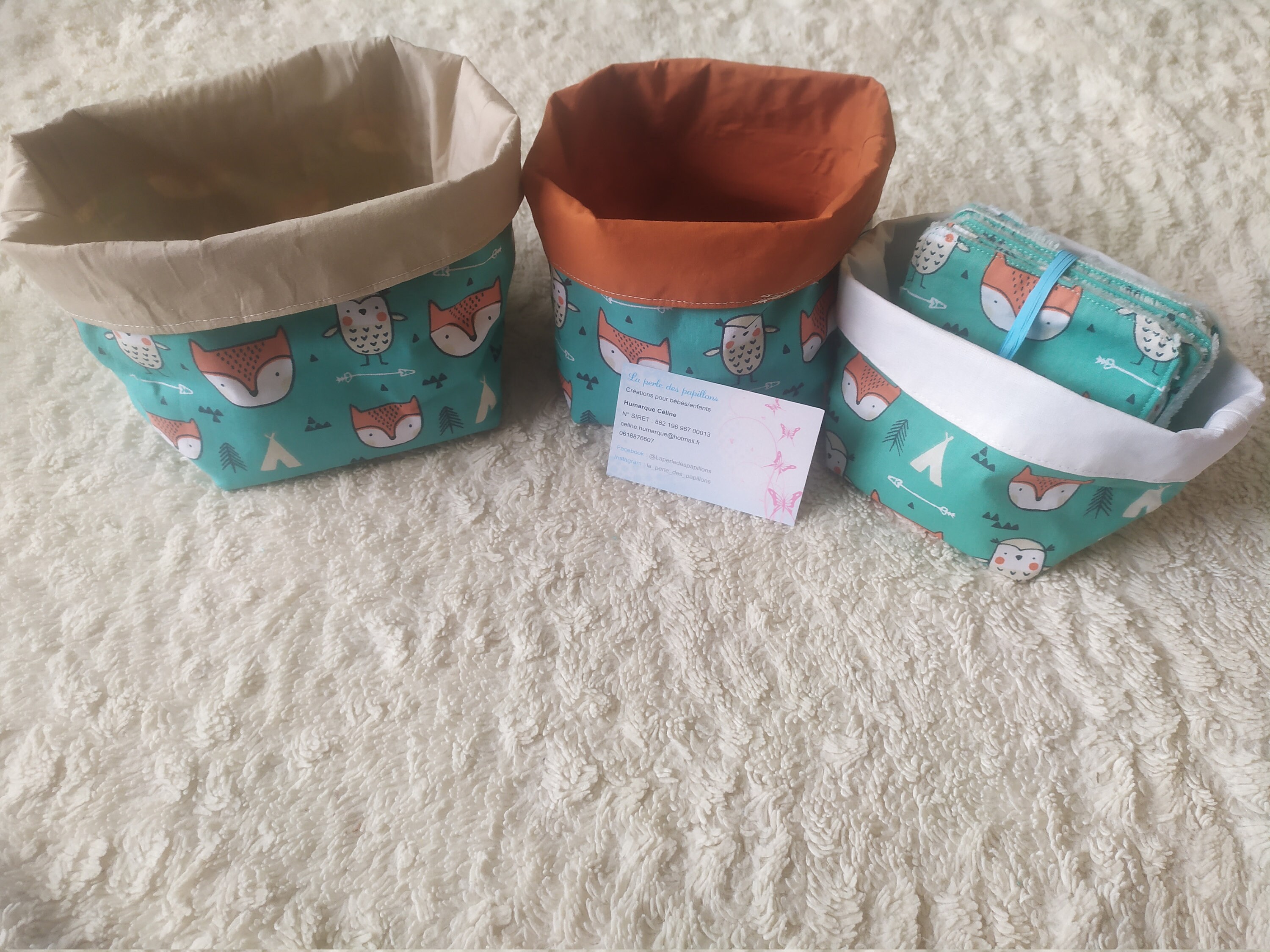 Paniers en Tissus Renard, Hiboux Vert Réversibles et Ses Éponges de Bambou