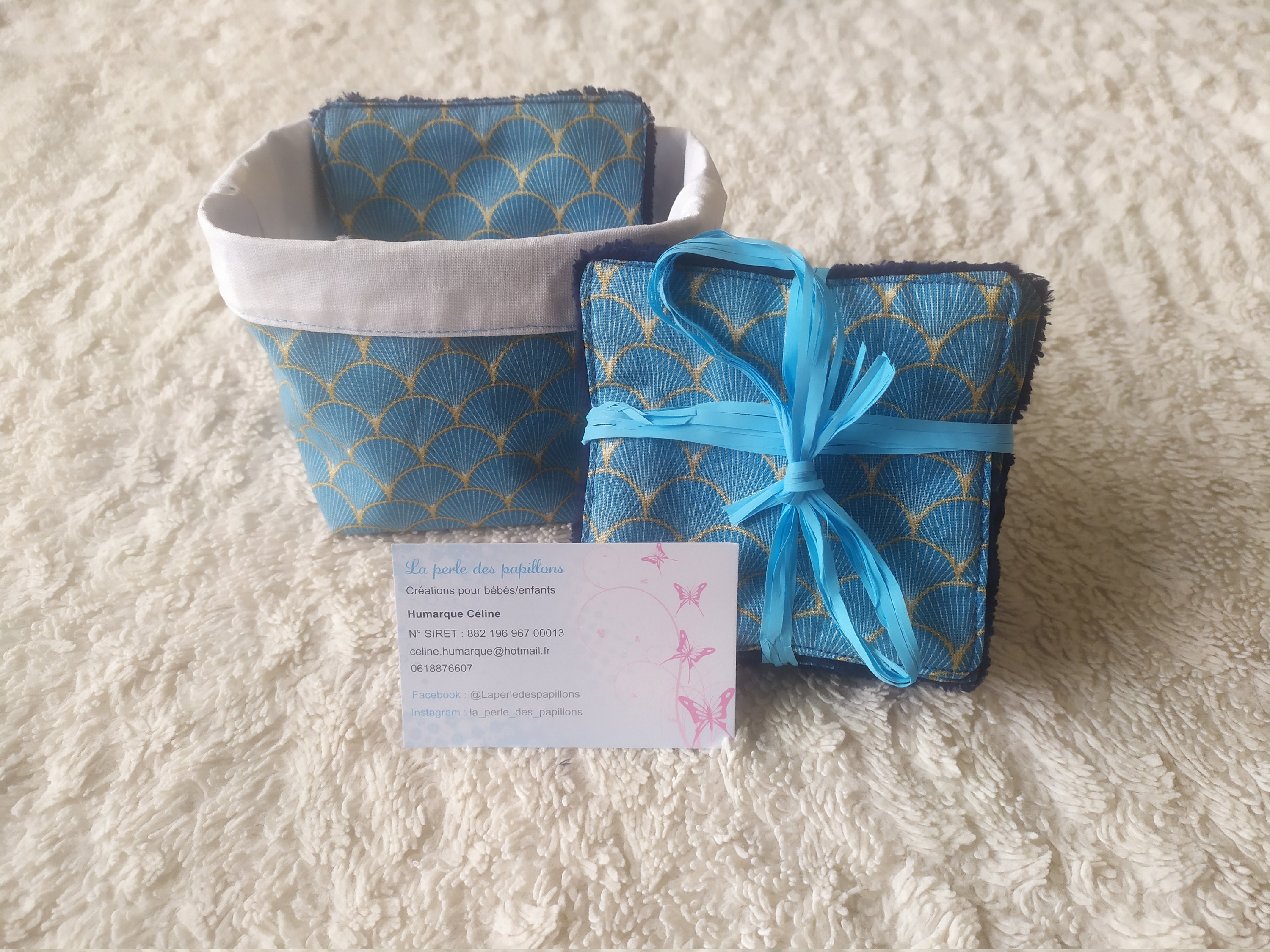 Corbeille en Tissus Japonais Éventail Bleu Réversible et Ses Lingettes Éponge de Bambou