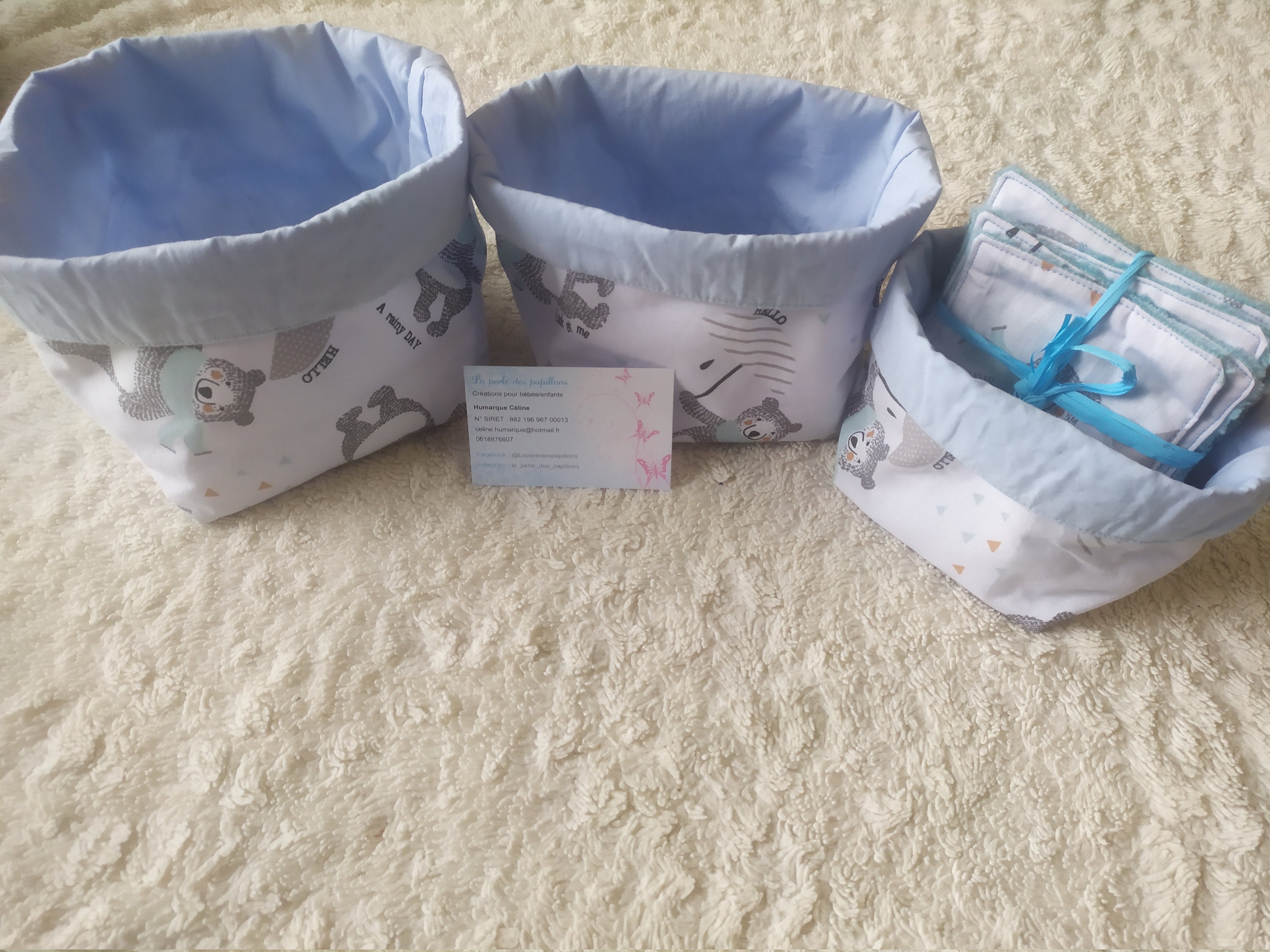 Paniers en Tissus Ours Blanc Parapluie Réversibles et Lingettes Éponge de Bambou