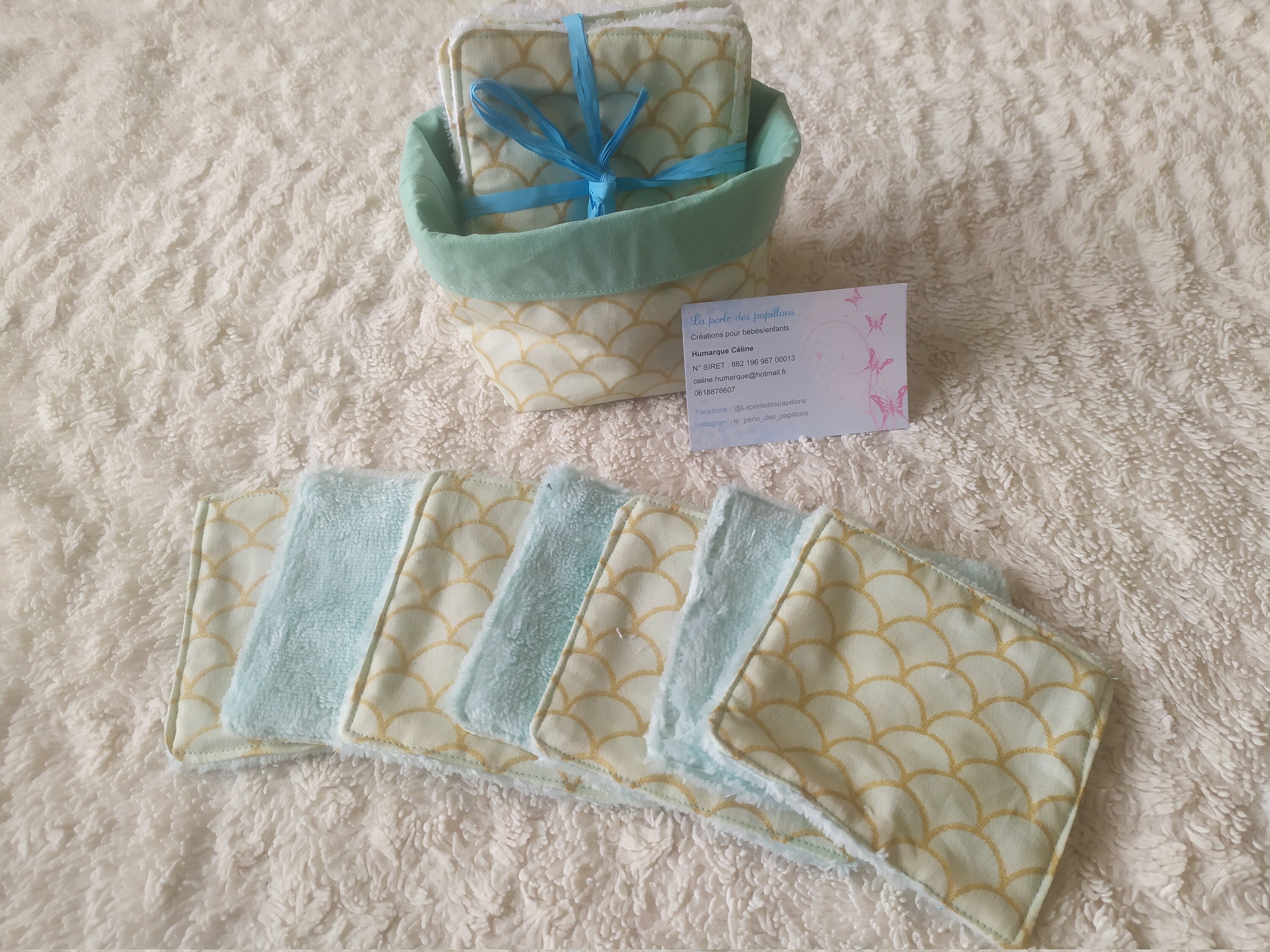 Corbeille en Tissus Japonais Éventail Vert d'eau Réversible et Ses Lingettes Éponge de Bambou