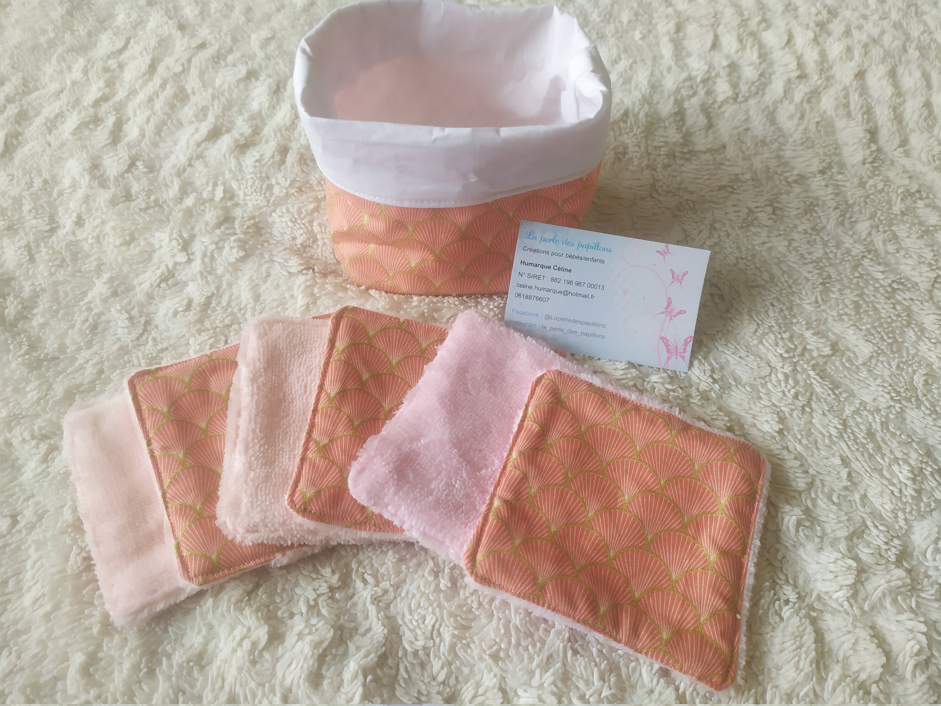Corbeille en Tissus Japonais Éventail Rose Orange Réversible et Ses Lingettes Lavable Éponges de Bam