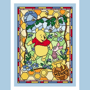 May include: A stained glass-style illustration featuring Winnie the Pooh and Piglet. Pooh wears a red shirt, Piglet a pink outfit. Honey pot with "Honey" text. Bees, flowers, and a blue globe are also present. The artwork is framed with a colourful border.