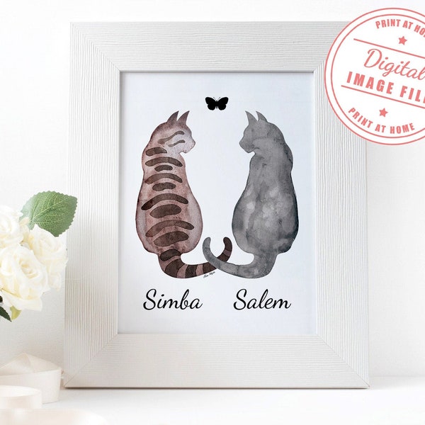 Two Cats, Personalized, Cat Memorial Art, Cat Loss Gift, Cat Sympathy Gift, Cat Condolence Gift, Cat Lover Print, DIGITAL FILE ONLY