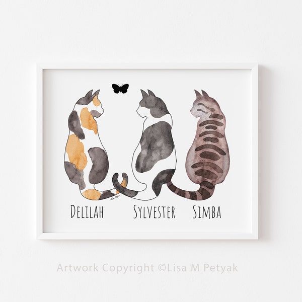 3 Cats Print, Personalized, Cat Loss Gift, Cat Memorial Gift, Cat Sympathy Gift, Loss of Cat, Pet Loss Gift, 8x10, MAILED PRINT