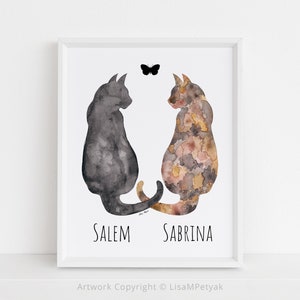 Two Cats Print, Personalized, Cat Memorial Art, Cat Loss Gift, Cat Sympathy Gift, Cat Condolence Gift, Cat Lover Print, 8x10, MAILED PRINT