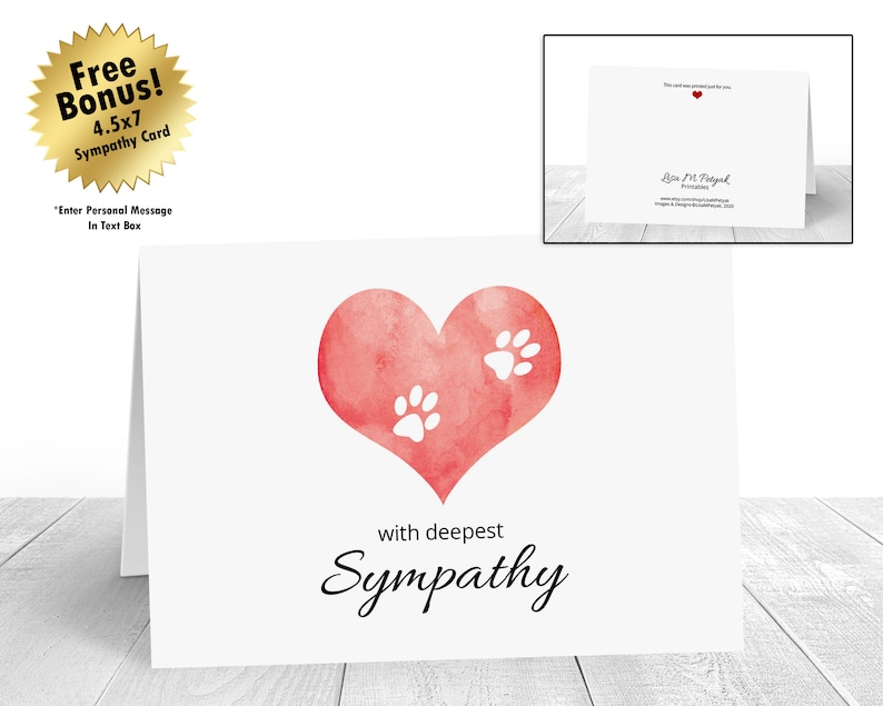 Puede incluir: Una tarjeta de condolencias con un coraz&oacute;n de acuarela en tonos de rosa y rojo con huellas de patas blancas. El texto "with deepest sympathy" est&aacute; impreso debajo del coraz&oacute;n.