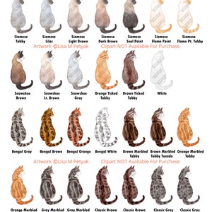 Puede incluir: Un gr&aacute;fico con diferentes razas de gatos con sus nombres y descripciones. El gr&aacute;fico presenta ilustraciones de acuarela de gatos en varias poses. El texto incluye "Artwork &copy; Lisa M Petyak" y "Clipart NOT Available For Purchase".