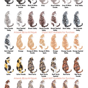 Puede incluir: Un gr&aacute;fico de 18 razas de gatos diferentes, cada una ilustrada con una pintura de acuarela de un gato en posici&oacute;n sentada. Las razas est&aacute;n etiquetadas con sus nombres, incluyendo Negro, Negro y Blanco Tuxedo, Negro y Blanco Manchas, Gris, Gris y Blanco Tuxedo, Gris y Blanco Manchas, Gris Tabby, Gris Tuxedo Tabby, Gris Tabby Manchado, Marr&oacute;n Tabby, Marr&oacute;n Tuxedo Tabby, Marr&oacute;n Tabby Manchado, Tabby Oscuro, Tabby Tuxedo Oscuro, Tabby Manchado Oscuro, Naranja, Naranja y Blanco Tuxedo, Naranja y Blanco Manchas, Naranja Tabby, Naranja Tuxedo Tabby, Naranja Tabby Manchado, Calico, Calico Tuxedo, Tortie Oscuro, Tortie Tuxedo Oscuro, Tortie Manchado Oscuro, Tortie Rojo, Tortie Tuxedo Rojo, Tortie Manchado Rojo, Tortie Diluido, Tortie Tuxedo Diluido, Tortie Manchado Diluido, Tabby Calico Marr&oacute;n, Tabby Tuxedo Calico Marr&oacute;n y Tabby Manchado Calico Marr&oacute;n.