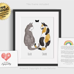 Lámina personalizada con dos gatos, arte conmemorativo para amantes de los gatos, regalo para quienes han perdido un gato, regalo de pésame por la pérdida de un gato, lámina para amantes de los gatos, 20x25 cm, envío por correo.