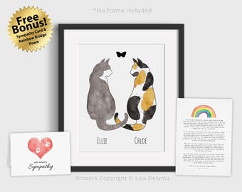 Two Cats Print, Personalized, Cat Memorial Art, Cat Loss Gift, Cat Sympathy Gift, Cat Condolence Gift, Cat Lover Print, 8x10, MAILED PRINT