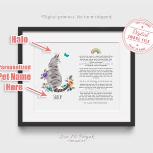 DIGITAL FILE, Cat with Florals, Rainbow Bridge Poem, Personalized, Cat Memorial Art, Cat Sympathy Gift, Pet Loss Gift, File EMAILED to you
