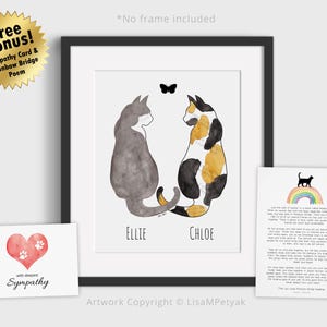 Two Cats Print, Personalized, Cat Memorial Art, Cat Loss Gift, Cat Sympathy Gift, Cat Condolence Gift, Cat Lover Print, 8x10, MAILED PRINT