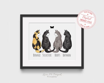 4 Katzen, personalisiert, Katze Erinnerungskunst, Katzen Verlust Geschenk, Katze Sympathie Geschenk, Katzenliebhaber Print, Katze Beileid Geschenk, 10x8, DIGITAL FILE ONLY