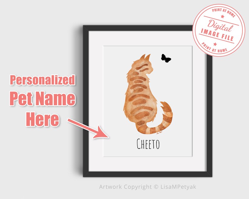 May include: Printable digital art print featuring a watercolor illustration of an orange tabby cat with the name "Cheeto" written below. The cat is looking to the right and a small black butterfly is flying above the cat.