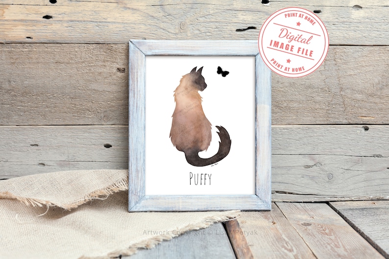 May include: A digital printable art print featuring a watercolor illustration of a brown cat with a butterfly. The cat is sitting with its tail curled around its body. The print is titled "Puffy".