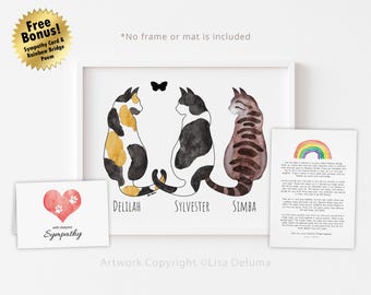 3 Cats Print, Personalized, Cat Loss Gift, Cat Memorial Gift, Cat Sympathy Gift, Loss of Cat, Pet Loss Gift, 8x10, MAILED PRINT