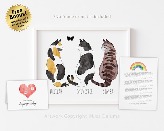 3 Cats Print, Personalized, Cat Loss Gift, Cat Memorial Gift, Cat Sympathy Gift, Loss of Cat, Pet Loss Gift, 8x10, MAILED PRINT