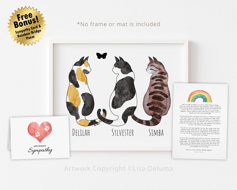 3 Cats Print, Personalized, Cat Loss Gift, Cat Memorial Gift, Cat Sympathy Gift, Loss of Cat, Pet Loss Gift, 8x10, MAILED PRINT afbeelding 1
