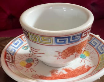 Vintage colorful DRAGON TEACUP and saucer set.