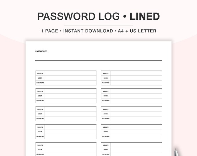 PL102 Password Keeper Lined, Password Organizer, Password Template, PW
