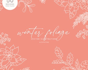 May include: A coral-coloured graphic design featuring white line art illustrations of winter foliage, including poinsettias, holly, and berries. The text "winter foliage" is written in a cursive font, with "VECTOR ILLUSTRATIONS" below it. The top left corner has the text "50 DESIGNS (254 FILES)".