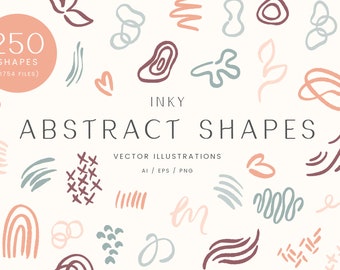 Peut inclure: Une collection de 250 formes abstraites dans différentes couleurs, notamment le rose, le bleu et le marron. Les formes sont dessinées à la main et ont un aspect fantaisiste et organique. Le texte "INKY ABSTRACT SHAPES" est affiché au centre de l'image. Le texte "VECTOR ILLUSTRATIONS AI/EPS/PNG" est affiché sous le titre.