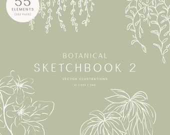 May include: A set of 55 botanical illustrations, including leaves, flowers, and branches, in a white line art style on a light green background. The text "BOTANICAL SKETCHBOOK 2" is in the center of the image. The text "VECTOR ILLUSTRATIONS AI/EPS/PNG" is below the title.