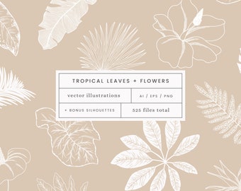 Tropical Leaves + Flowers Vector Illustrations | Clipart | Vector | SVG | PNG - Commercial License