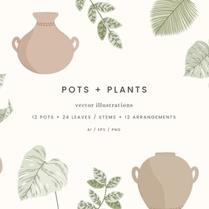 Könnte beinhalten: Ein Set mit 12 Vektorillustrationen von Töpfen und Pflanzen. Die Illustrationen zeigen eine Vielzahl von Töpfen in Beige- und Brauntönen mit verschiedenen Pflanzenarrangements, darunter Blätter und Stängel in Grüntönen.