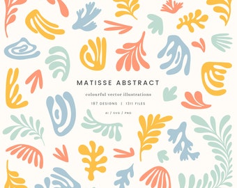 Può includere: Illustrazioni vettoriali colorate in stile Matisse. Il design presenta forme astratte nei toni del giallo, arancione, blu e verde. Il testo recita "MATISSE ABSTRACT" e "colourful vector illustrations."