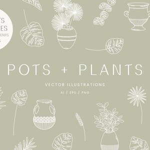 Könnte beinhalten: Ein Set mit 25 handgezeichneten Vektorillustrationen von Töpfen und Pflanzen. Die Illustrationen sind in Schwarzweiß gehalten und zeigen eine Vielzahl verschiedener Topf- und Pflanzenstile. Der Text "POTS + PLANTS" ist in fetter Schrift oben im Bild geschrieben. Der Text "VECTOR ILLUSTRATIONS AI / EPS / PNG" ist in kleinerer Schrift unter dem Titel geschrieben.