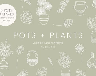 Peut inclure: Un ensemble de 25 illustrations vectorielles dessinées à la main de pots et de plantes. Les illustrations sont en noir et blanc et présentent une variété de styles de pots et de plantes différents. Le texte "POTS + PLANTS" est écrit en gras en haut de l'image. Le texte "VECTOR ILLUSTRATIONS AI / EPS / PNG" est écrit en plus petit en dessous du titre.