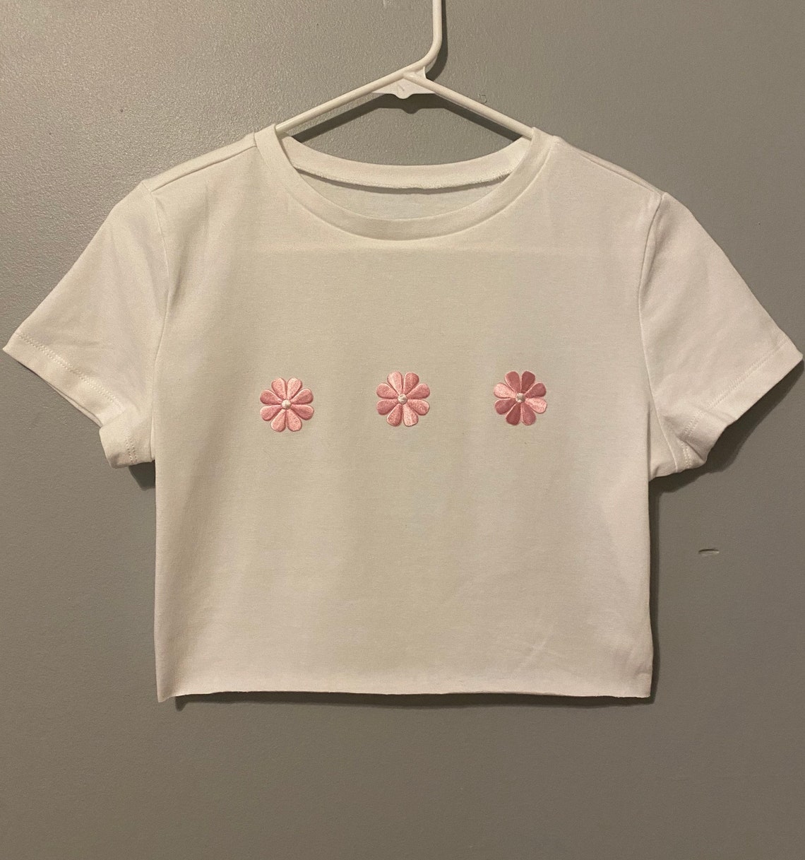 Trendy White Crop Top With Pink Flowers Etsy